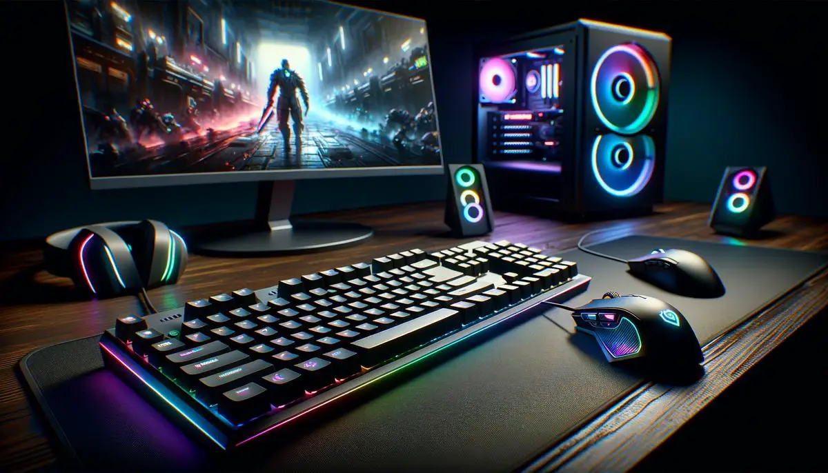 Image of computer gaming equipment showing a keyboard, mouse, and monitor