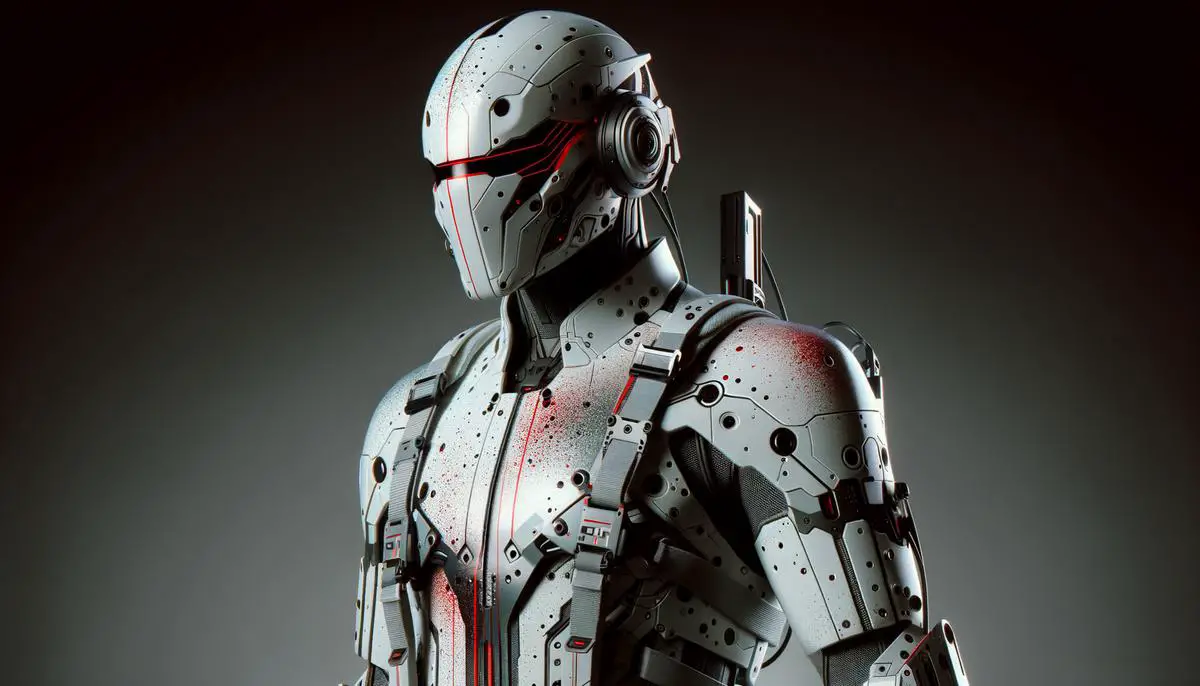 A realistic image of Mirage character in the Ghost Machine skin, showcasing its sleek white camo design with splashes of red, highlighting his technological prowess and elegance.