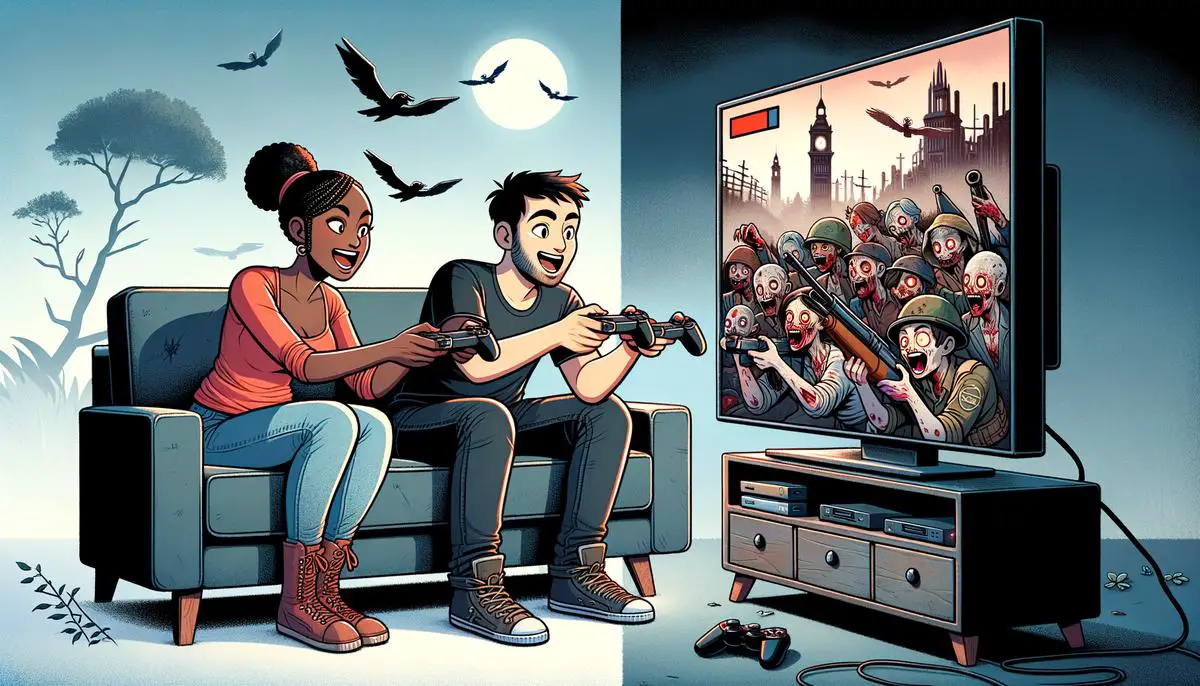 Image of two players sitting on a couch playing split-screen COD Vanguard Zombies