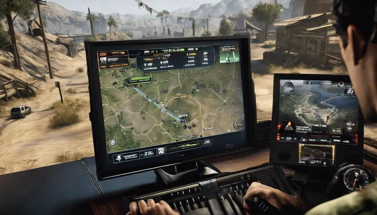 A visual representation of a player holding a joystick while a Call of Duty map is shown on a screen.