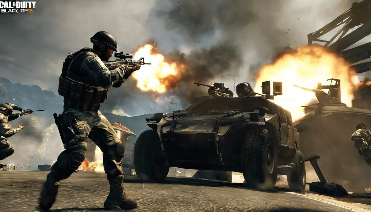 Image description: A screenshot from Call of Duty: Black Ops, showing intense action and futuristic military environment.