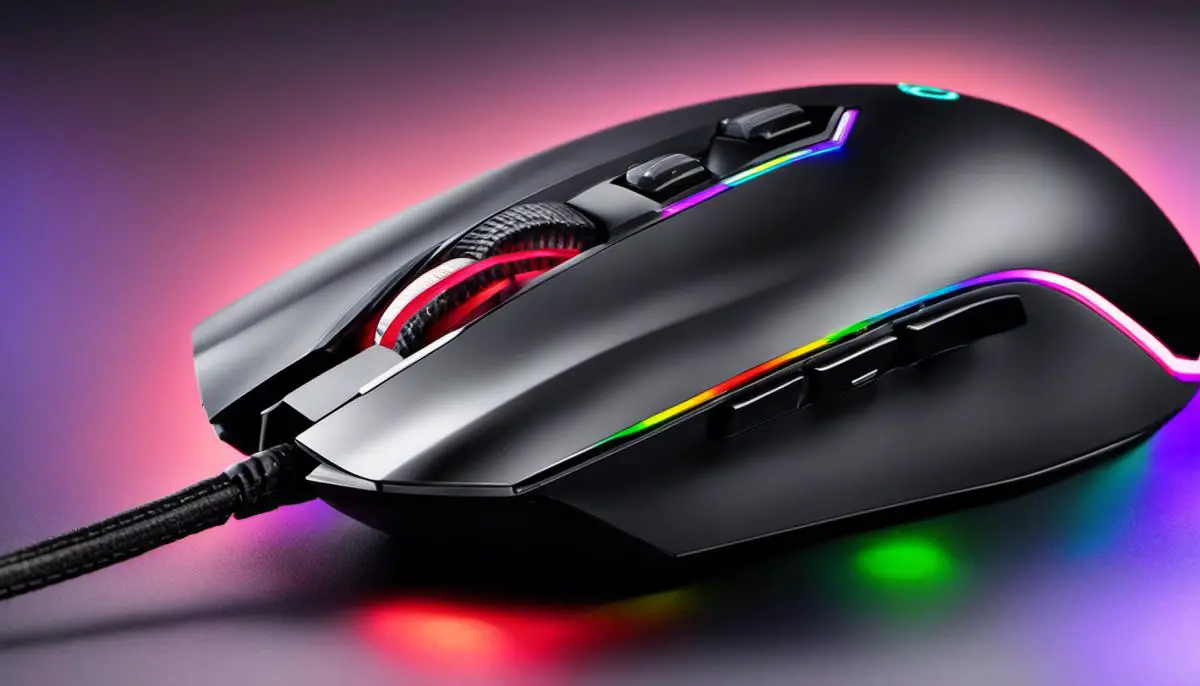 A sleek, modern gaming mouse with adjustable RGB lighting and customizable buttons