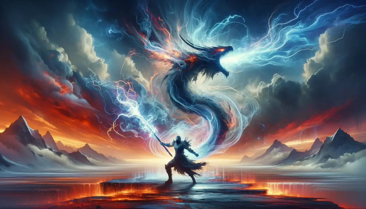 An image depicting a warrior in the midst of battle, wielding a weapon imbued with storm-like powers, surrounded by enemies in a fantastical landscape