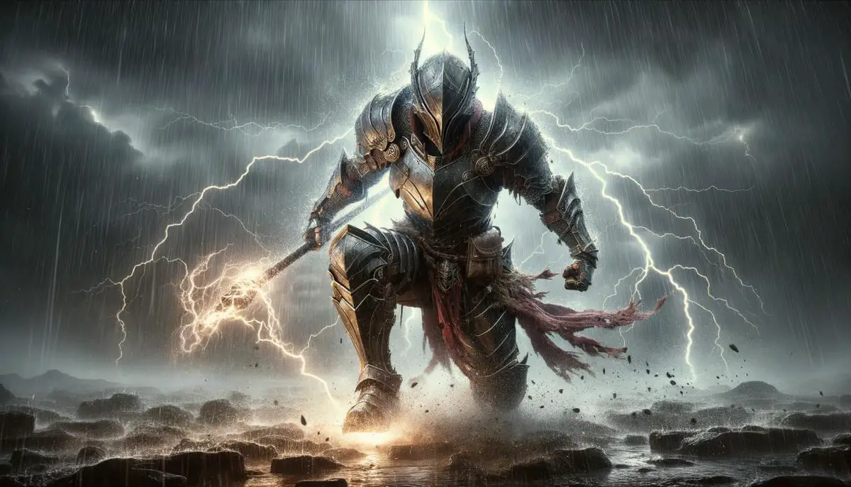 A detailed image of a character in Elden Ring using the Storm Stomp ability in a stormy environment