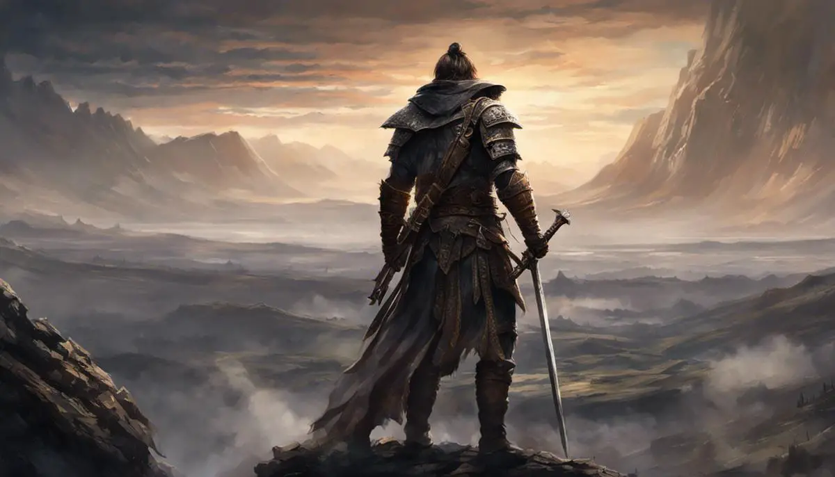 Illustration of a warrior traversing a vast, mysterious landscape in Elden Ring