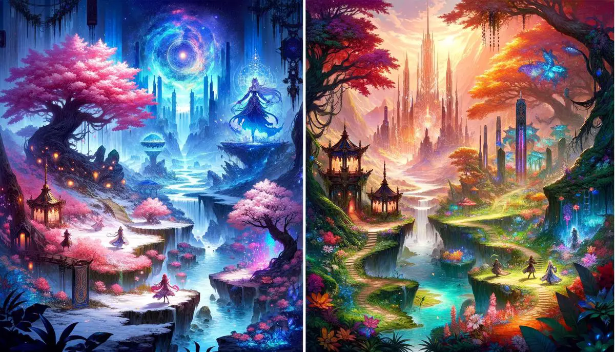 An image depicting the boss FATEs Chi and Daivadipa in the vibrant landscapes of Ultima Thule and Thavnair in Final Fantasy XIV: Endwalker.