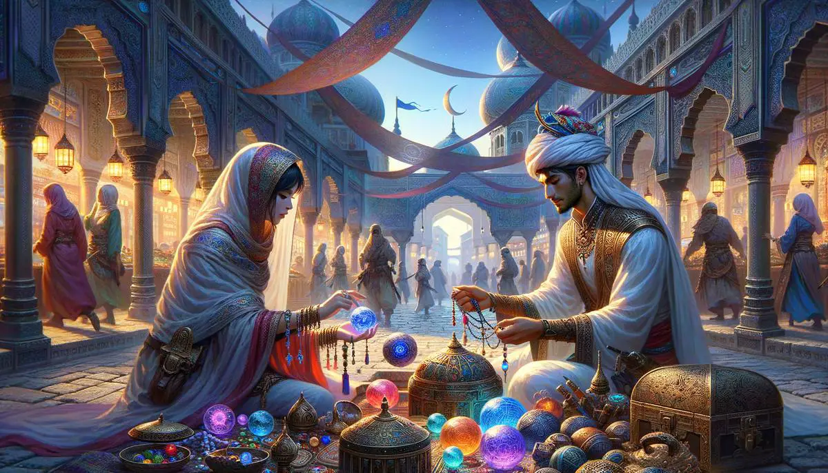 A realistic image showing a player character in FFXIV exchanging Chi Bolts and Daivadipa's Beads for rewards with an NPC in the bustling hub of Radz-at-Han in Thavnair.