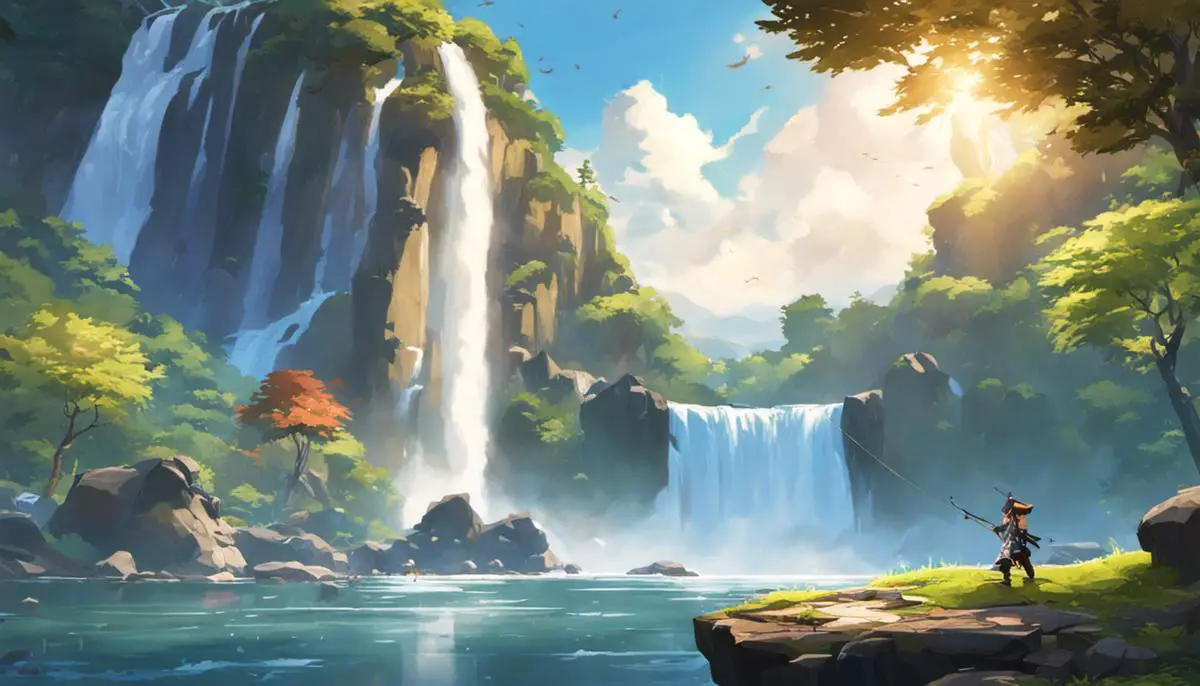 A scenic image in Genshin Impact where a player is fishing near a beautiful waterfall.