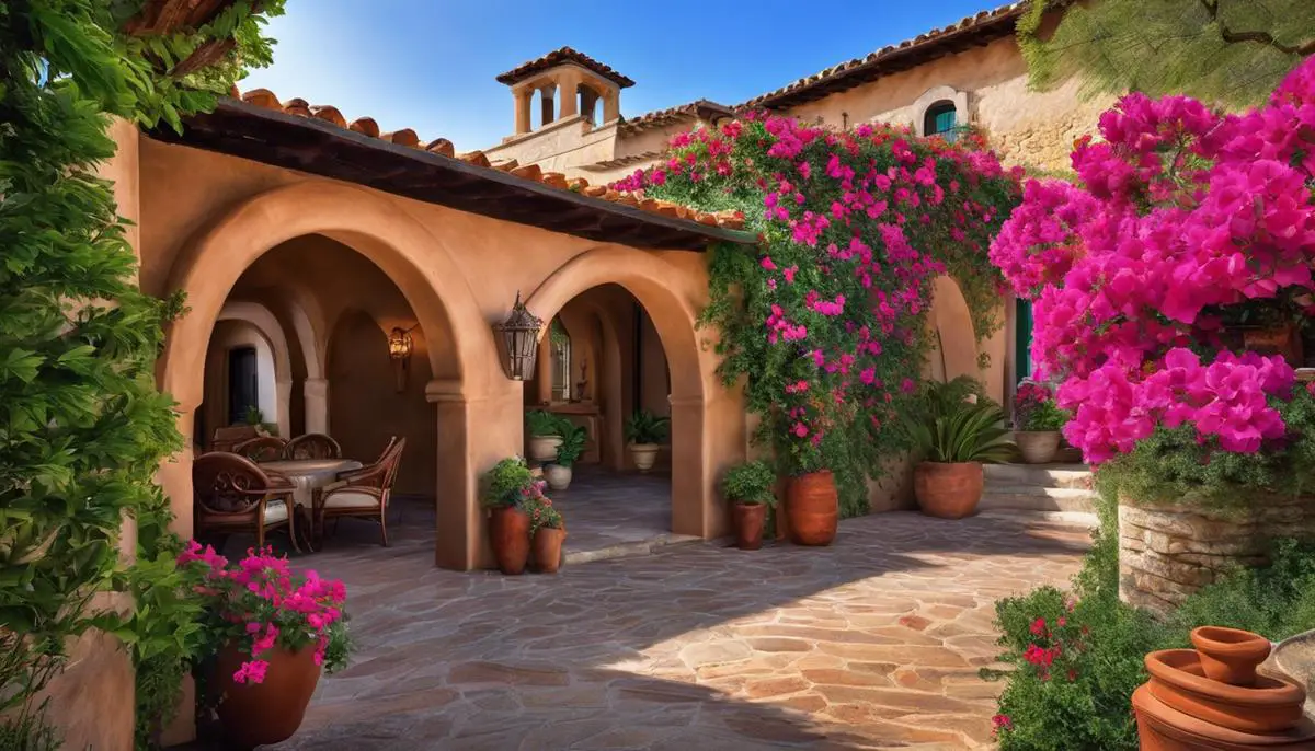 A beautiful image showcasing Italian design, with terracotta roof tiles, stone walls, bougainvillea, and a charming archway.