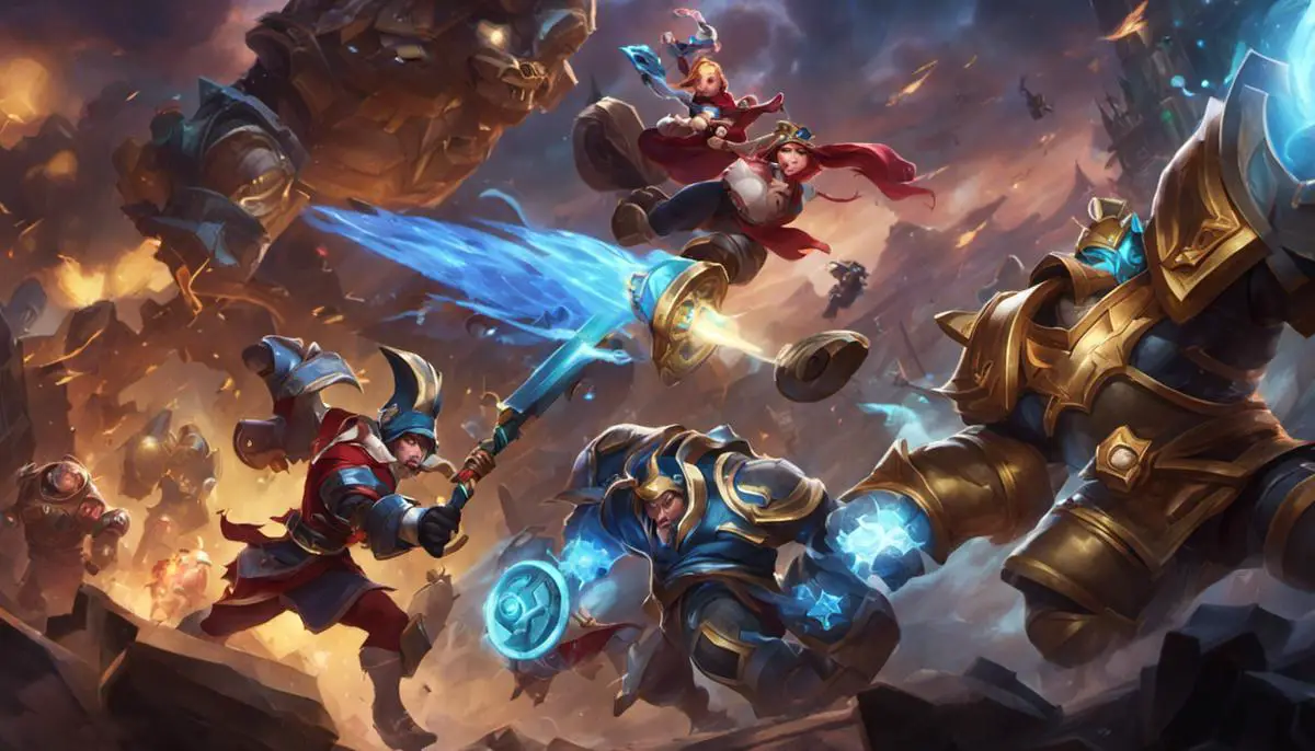 League of Legends ARURF game mode screenshot showcasing various champions battling it out in a chaotic and fast-paced environment