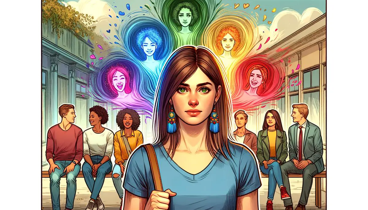 A realistic image depicting a young woman with colored auras surrounding individuals, symbolizing empathy and emotional connection