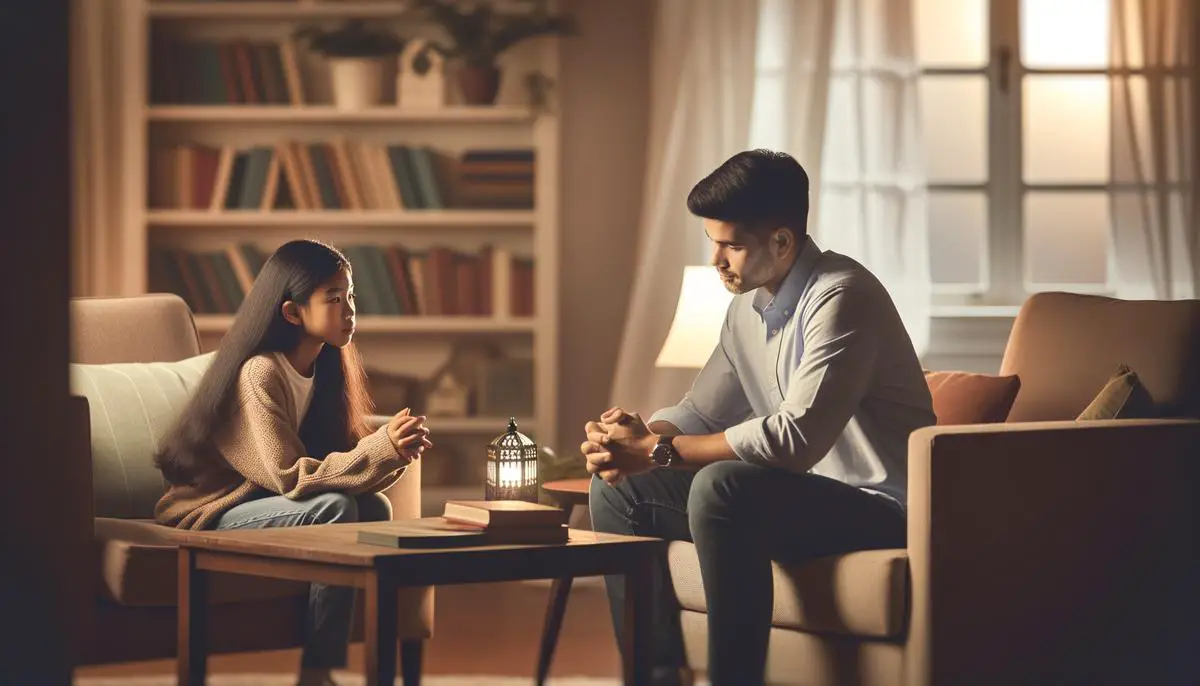 A realistic image depicting two siblings, a brother and a sister, having a heartfelt conversation in a cozy living room setting