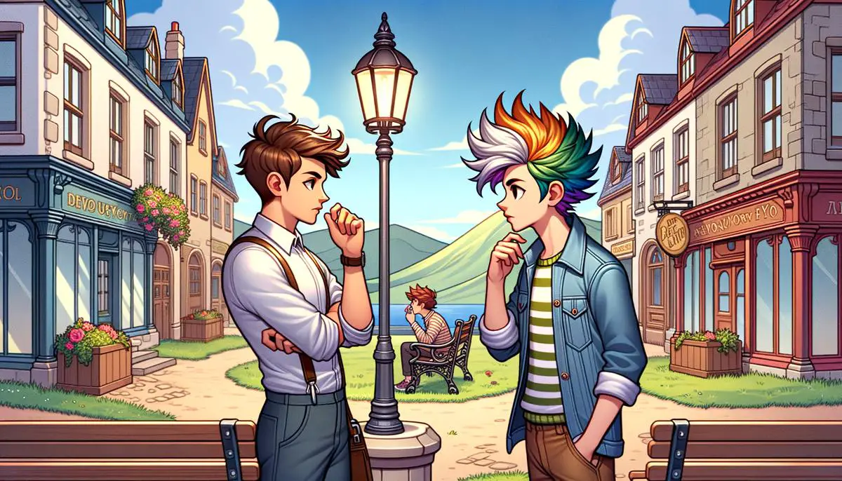 A realistic image depicting a character having a serious conversation with another character in a cozy, small-town setting