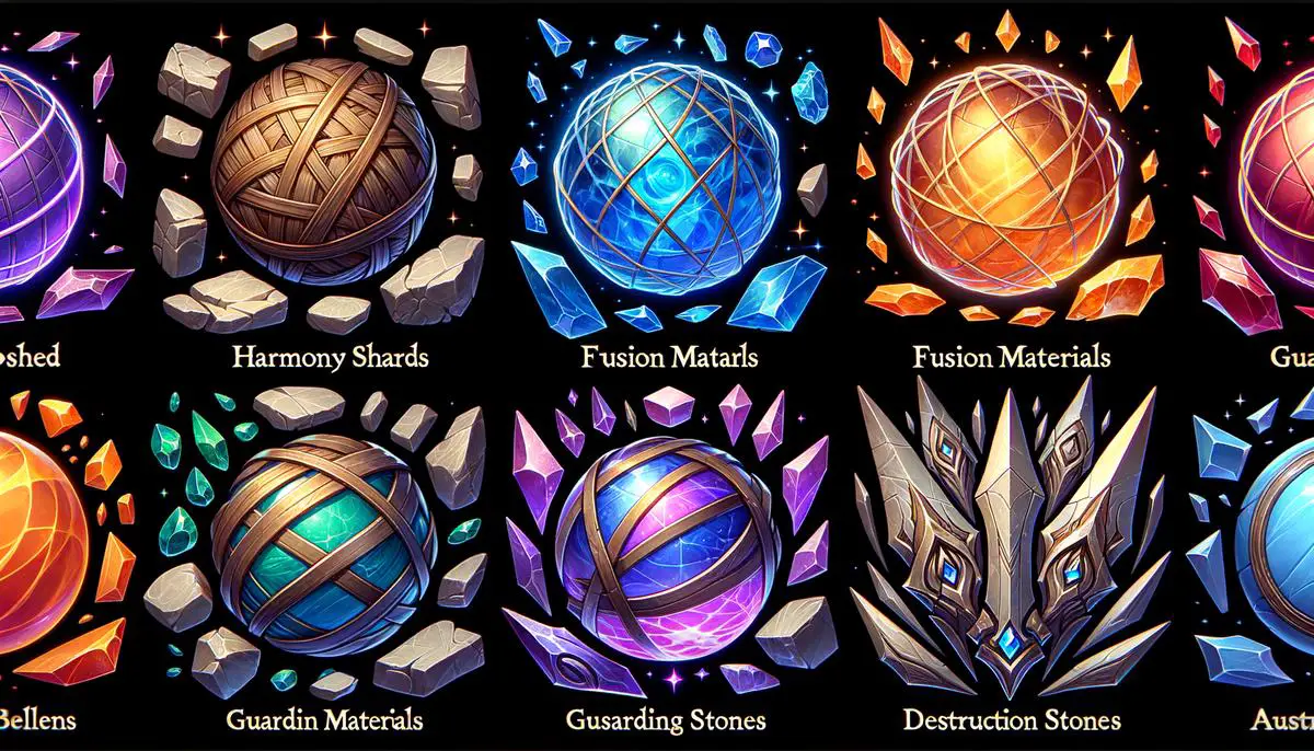 Image of various materials needed for weapon glow in Lost Ark, including Harmony Shards, Fusion Materials, Guardian Stones, and Destruction Stones