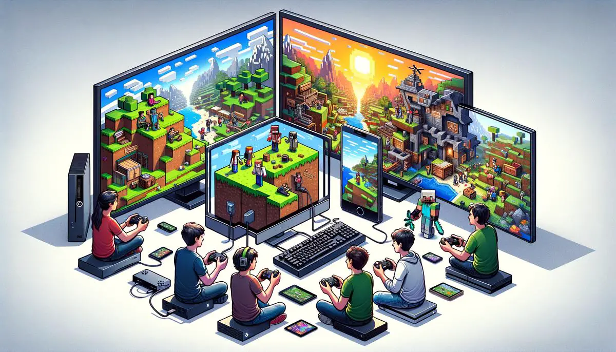 A realistic image of friends playing Minecraft together on different platforms