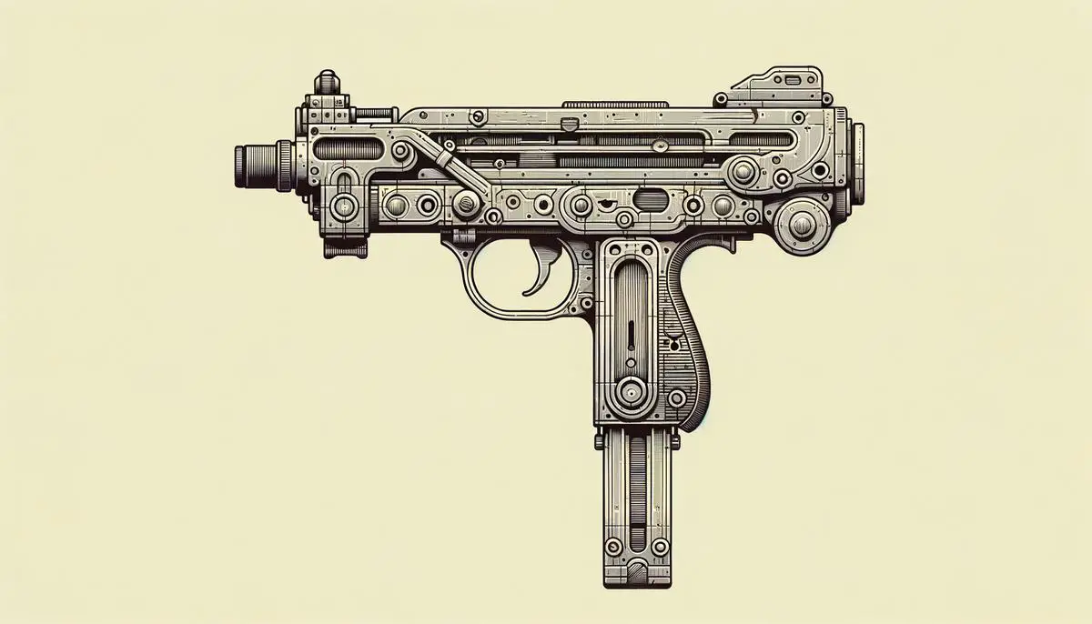 A photo of the Owen Gun, a submachine gun in a video game, showcasing its unique design and characteristics. Avoid using words, letters or labels in the image when possible.