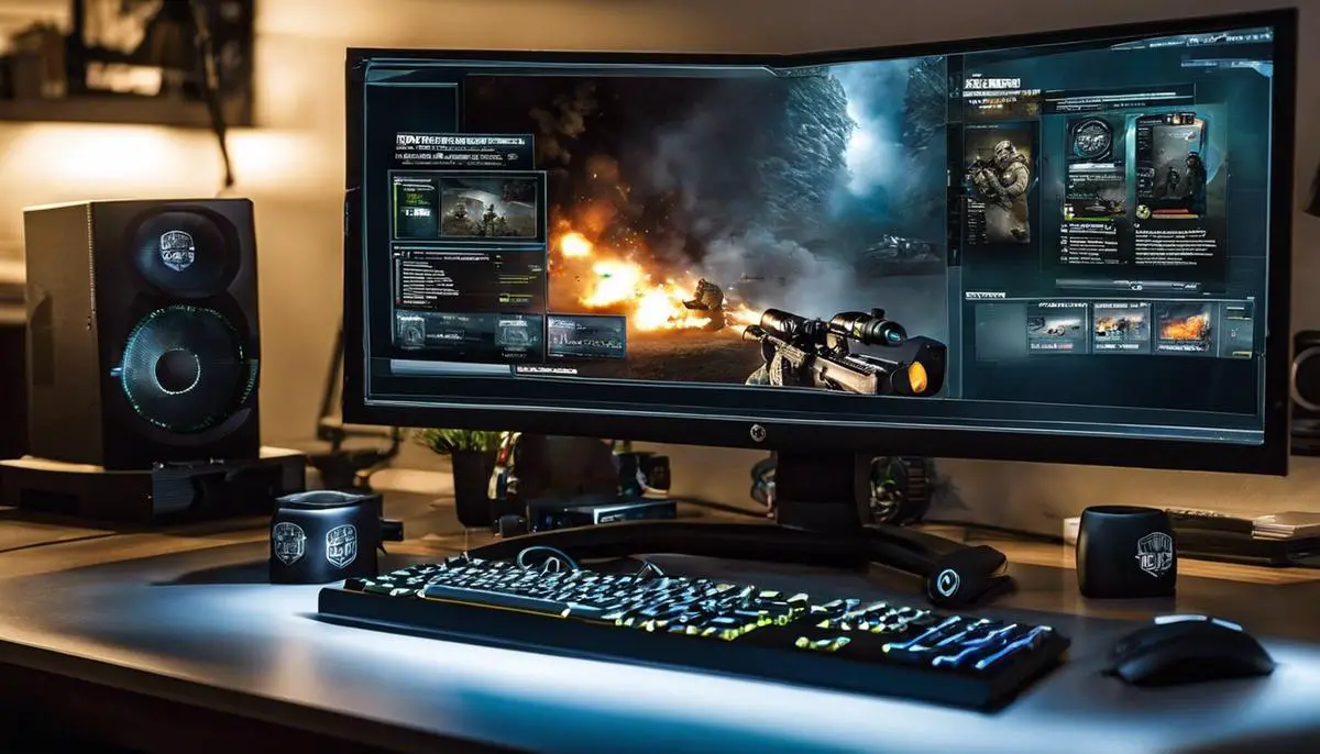 A person upgrading their PC components with a Call of Duty game displayed on the monitor