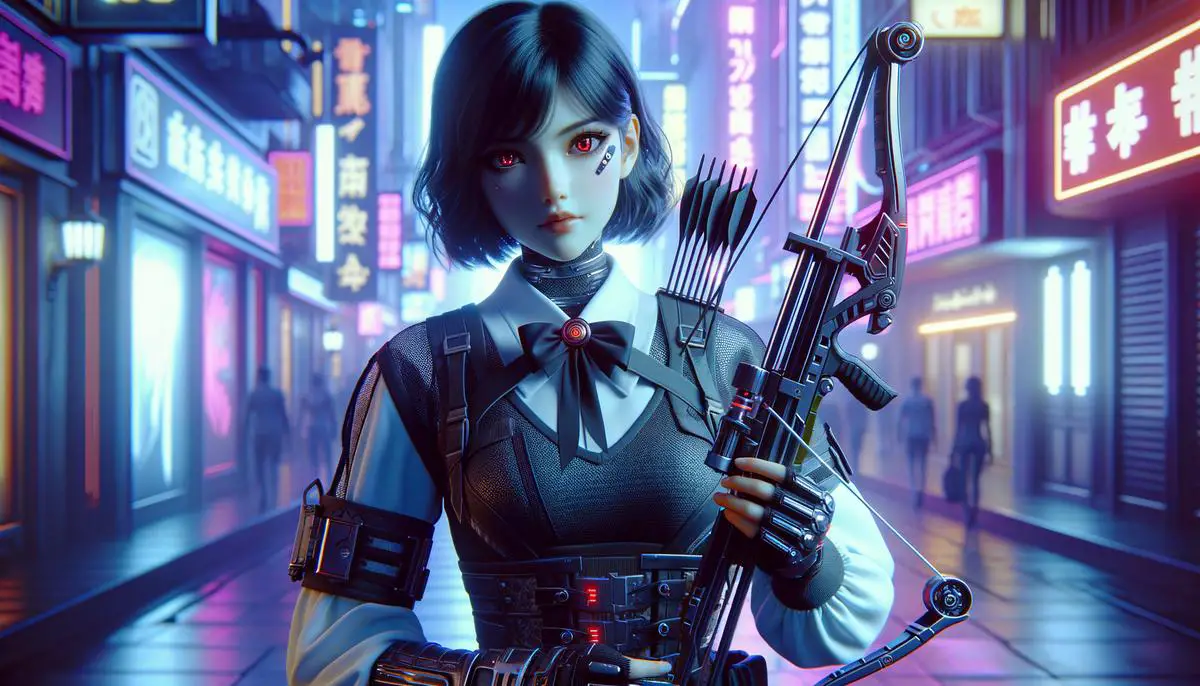 An image showing Vayne in her futuristic skin, surrounded by neon lights and cybernetic elements