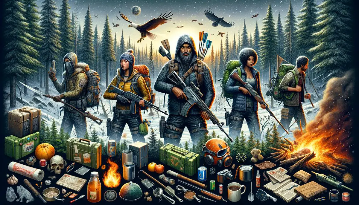 An image of Rust showing player characters surviving against a harsh environment and threatening wildlife in the game