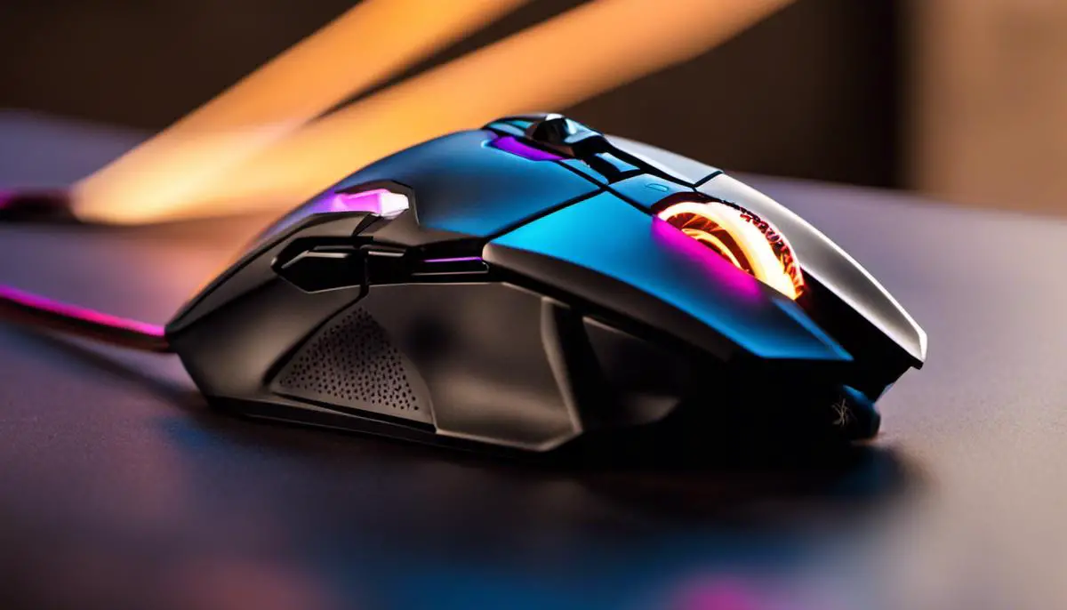 The image shows a SteelSeries Rival 600 gaming mouse with a claw grip. The buttons and the sleek design of the mouse are visible.