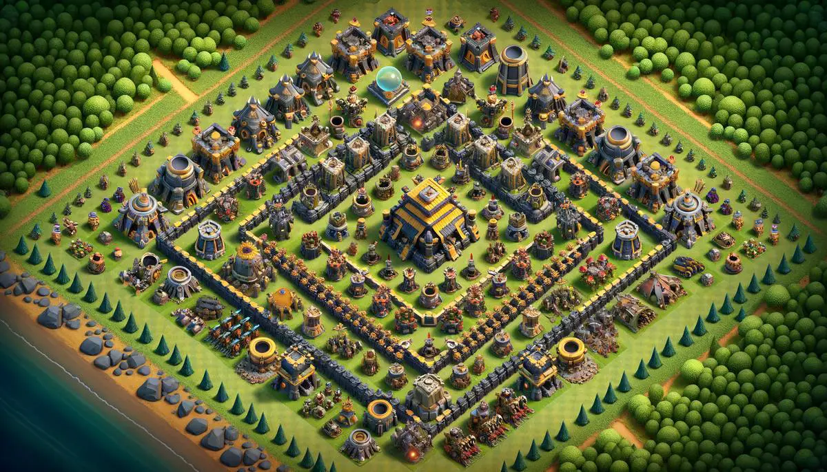An image showing a Clash of Clans TH9 base with optimal troop combination strategy