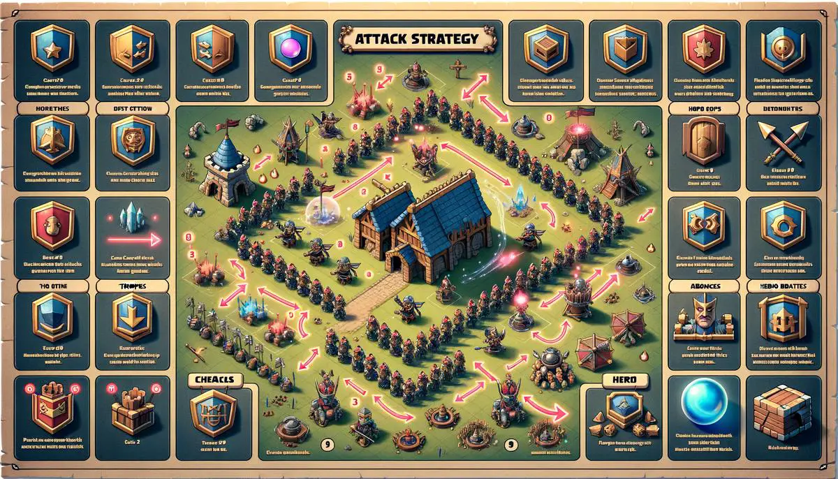 A picture of a detailed strategic plan for a TH9 attack strategy, including spell usage, troop deployment, and hero management