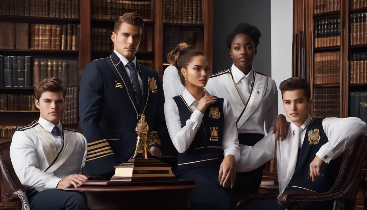 An image of the Academia skin line, featuring champions in sharp uniforms with scholarly aesthetics, embracing the theme of a prestigious school.