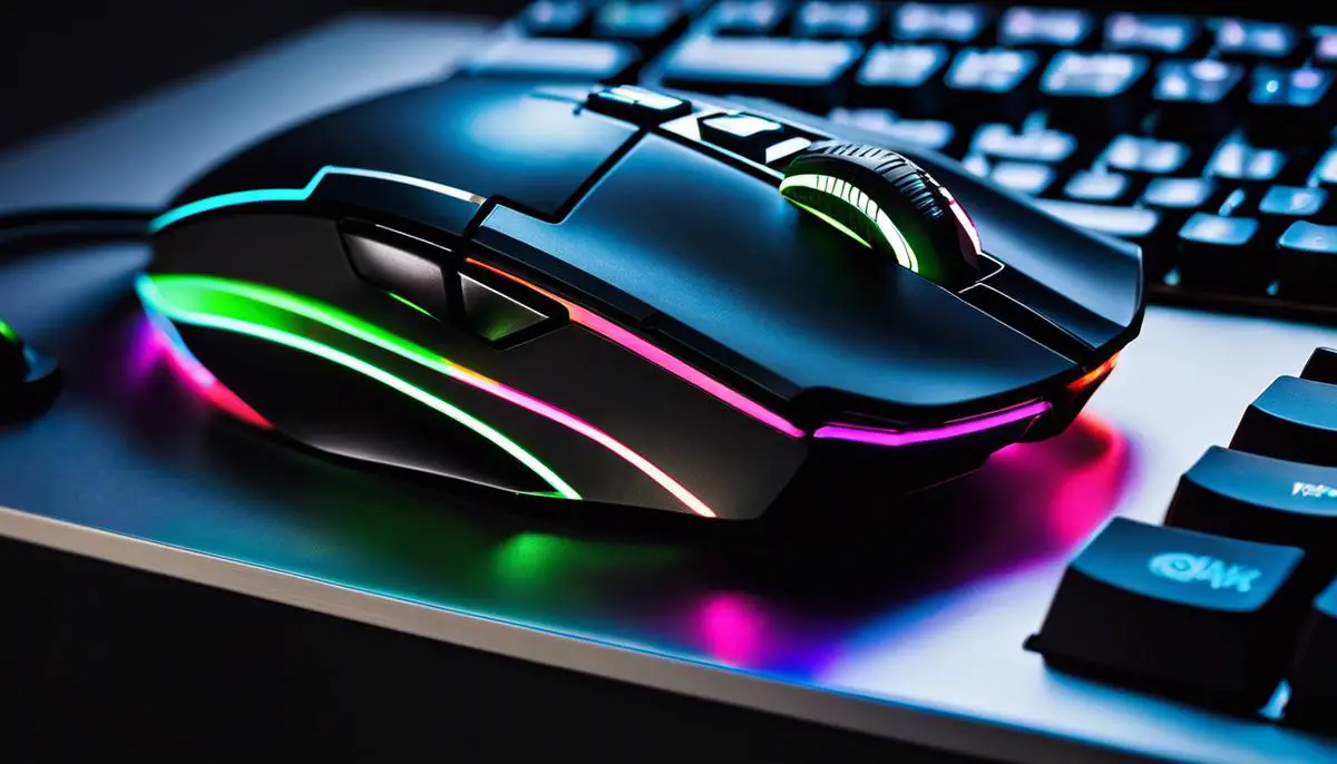 A picture showing a gaming mouse and a keyboard with RGB lighting, representing gaming technology.