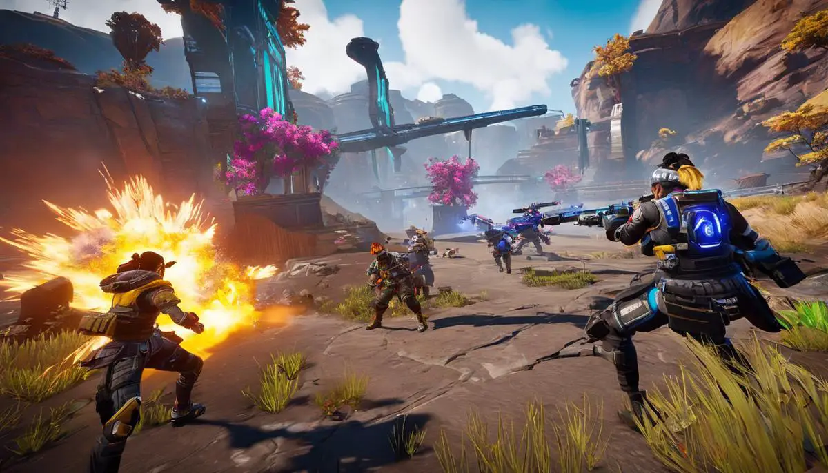 A screenshot of a dynamic battle scene in Apex Legends Arenas Season 13, showcasing intense combat and colorful weapon effects.