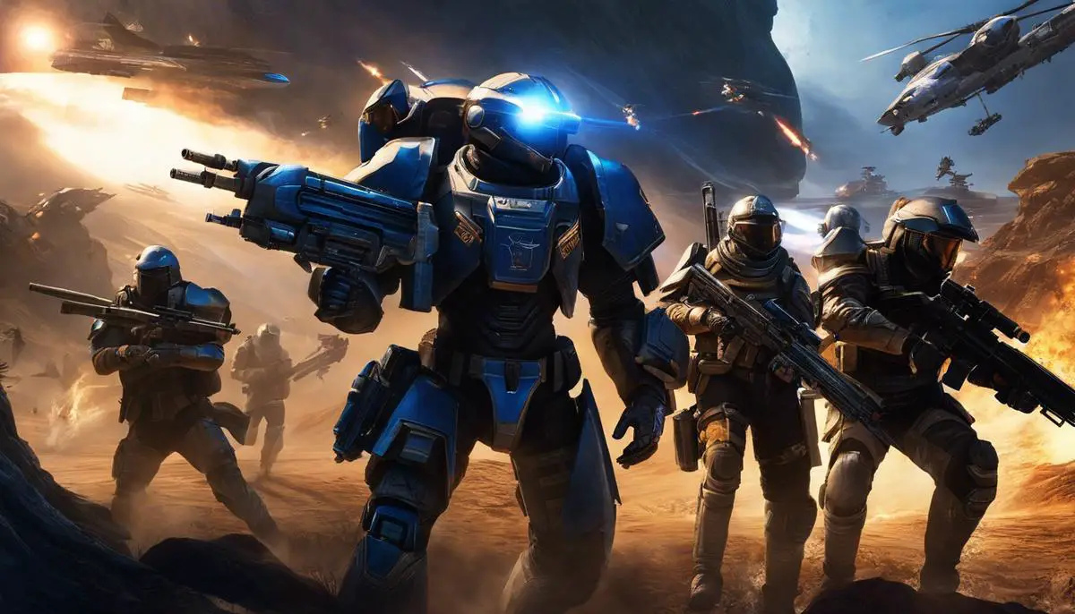 Image showcasing the Aria Blue Suns Mission scene, with Aria leading a group of mercenaries in battle against the Reapers.