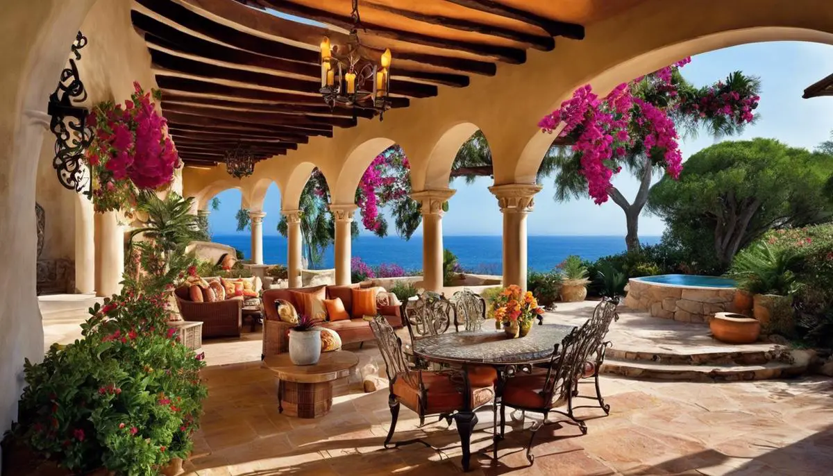 An image showing a beach house with rustic Mediterranean features such as terracotta roof tiles, stone walls, colorful Bougainvillea plants, patios, verandas, soft round arches, ornate ironwork, warm interiors, wrought iron light fixtures, a traditional Italian Kitchen, and decorative mosaic tiling.