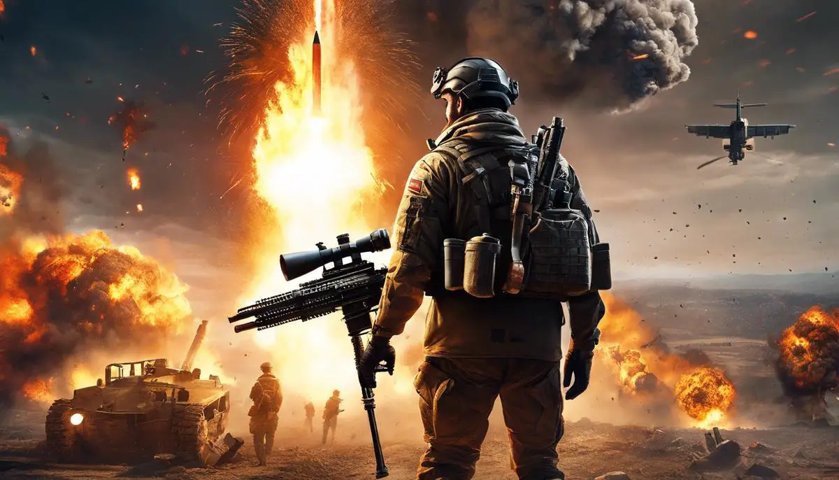 A Hunter holding Rocket Launchers and Grenade Launchers, with explosions in the background