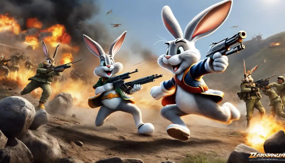 The image shows Bugs Bunny in action, using his offensive perks to dominate the battlefield.