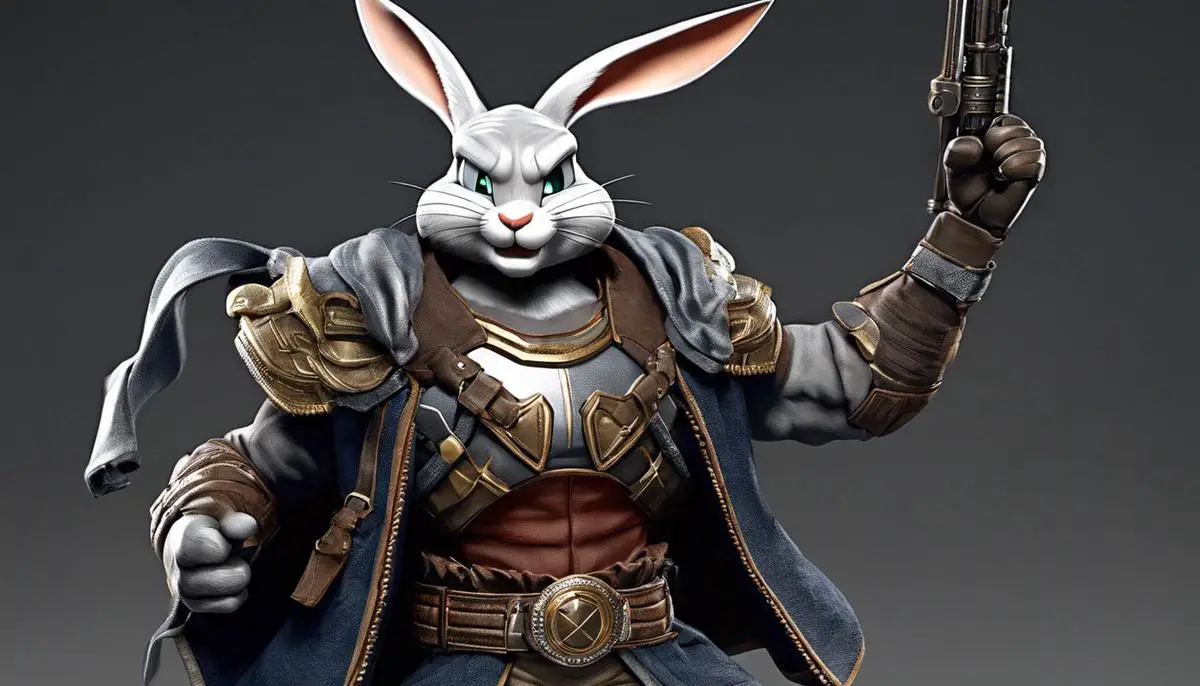 Bugs Bunny dressed as a fighter, standing proudly with his fists raised, ready for battle in the MultiVersus arena.