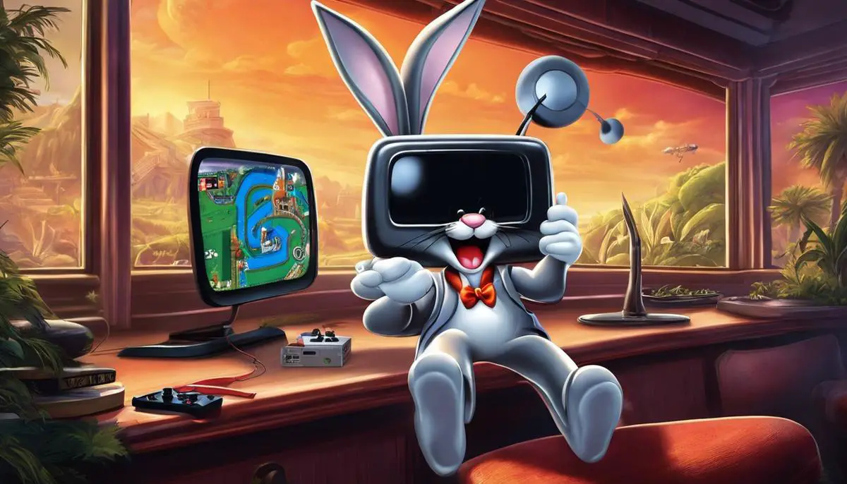 Image description: A cheerful Bugs Bunny holding a gaming controller.