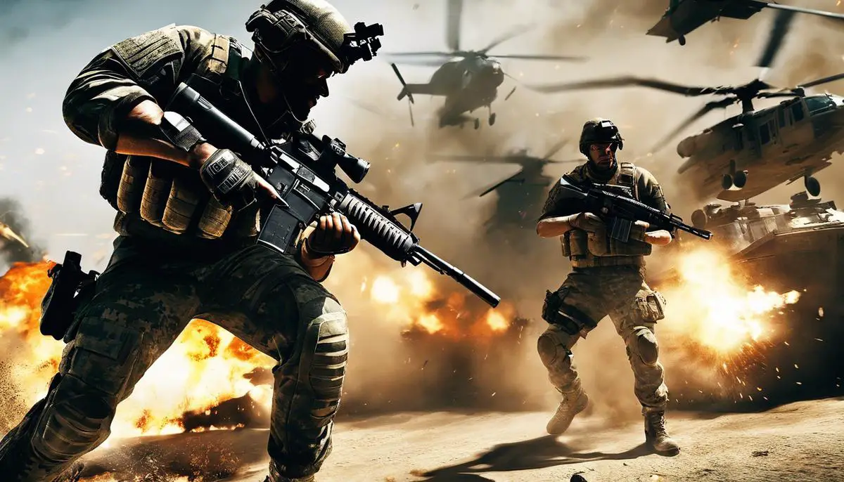 An image of a Call of Duty game screenshot featuring intense multiplayer action with soldiers and explosions