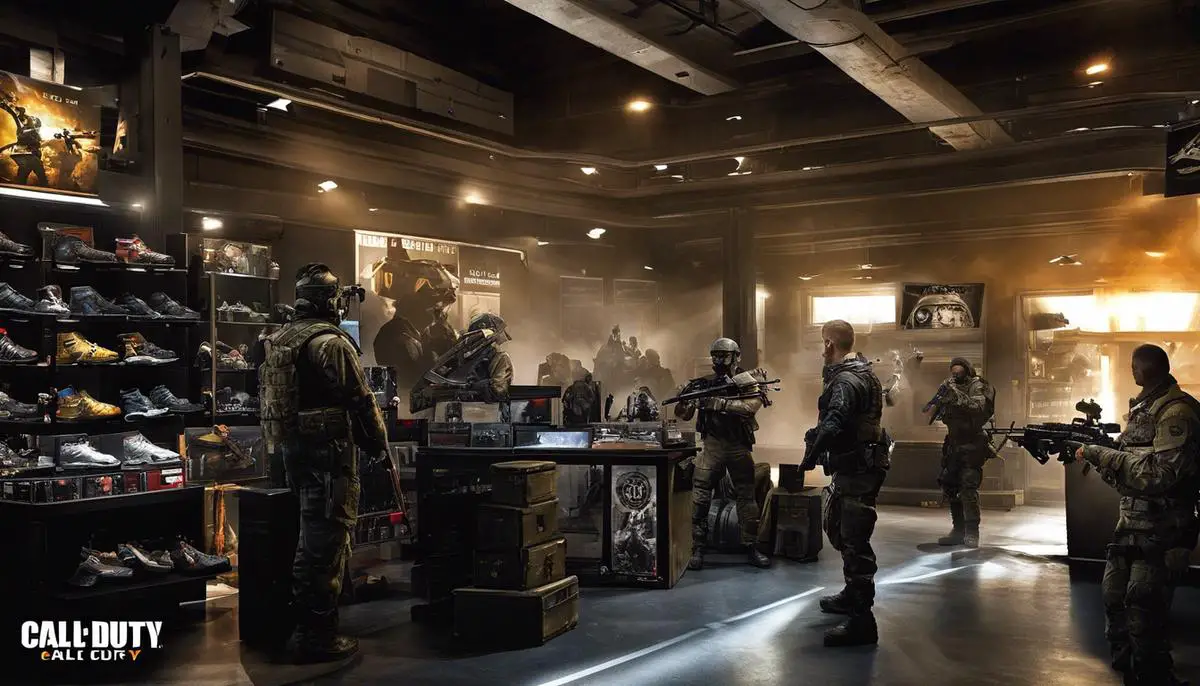 Image of a Call of Duty merchandise collection, including posters, figurines, cosplay equipment, headsets, comic books, and autographed items.