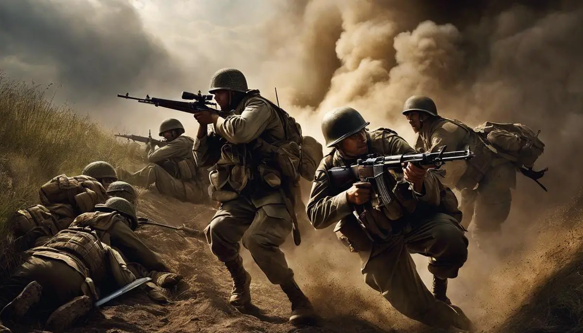 An image depicting soldiers in a war-like scenario, symbolizing the themes of camaraderie, sacrifice, heroism, and moral ambiguity described in the text.