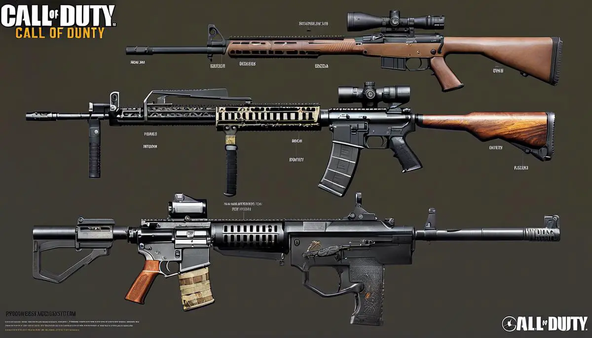 Image illustrating the weapon progression system in Call of Duty, showing different types of guns and rewards.