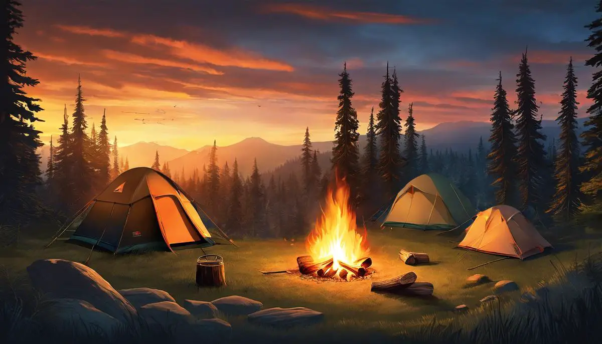Illustration of a camp in the wilderness with campfires and a tent.