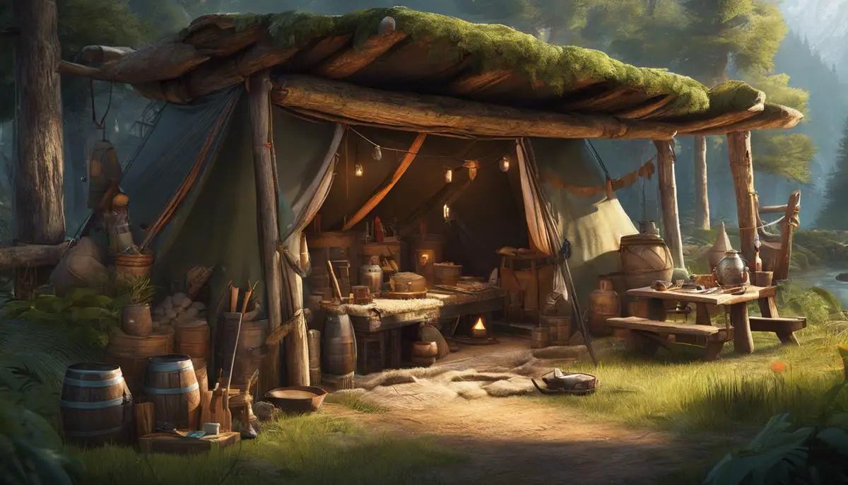 Illustration of a character upgrading their camp in New World, surrounded by crafting materials and tools