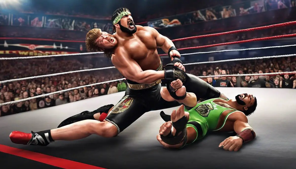 Two wrestlers locked in a battle, showcasing the intensity and excitement of classic WWE.