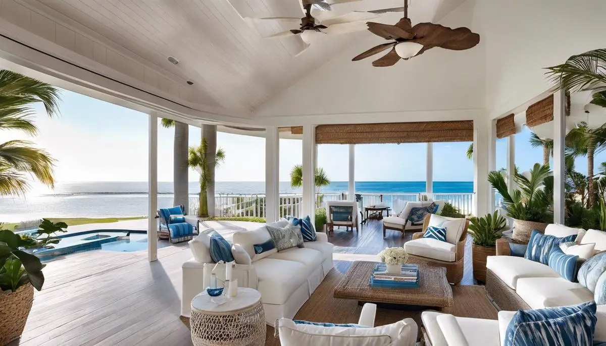 A beautifully designed coastal house with a stunning beachfront view and open floor plan, incorporating natural elements and textures. The color palette consists of soft blues, whites, and beige, with beach-themed decor and a spacious outdoor space featuring a swimming pool, comfortable seating, and greenery. The house is well-lit, creating a warm and inviting atmosphere.