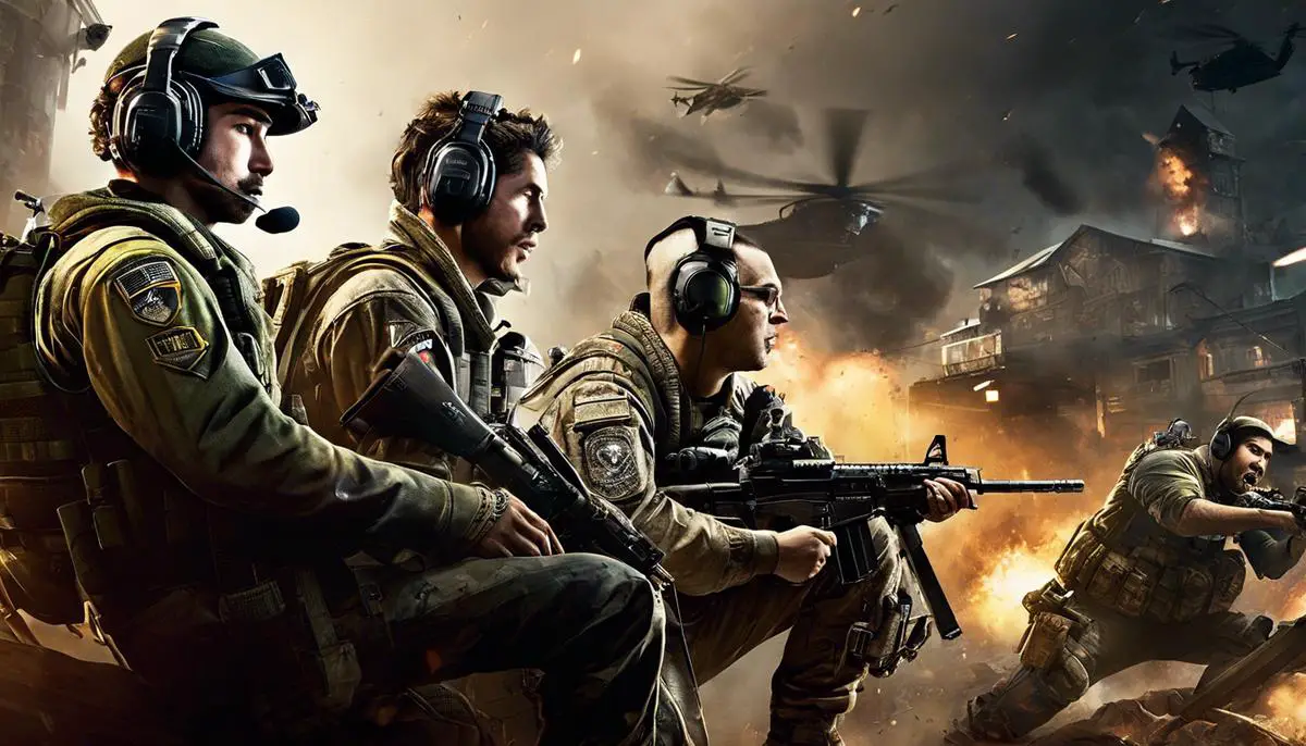 Image description: A group of gamers sitting together, wearing headsets and communicating with each other while playing Call of Duty multiplayer matches.