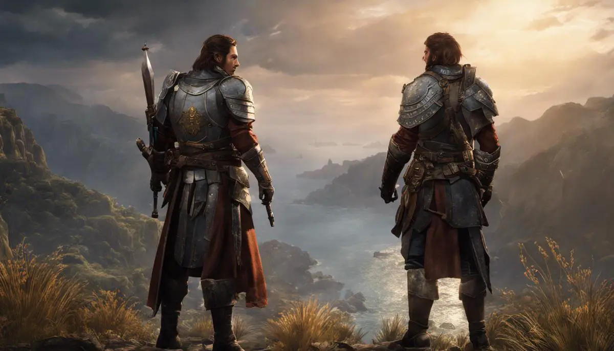 A screenshot showing two companions standing side by side, ready for battle.