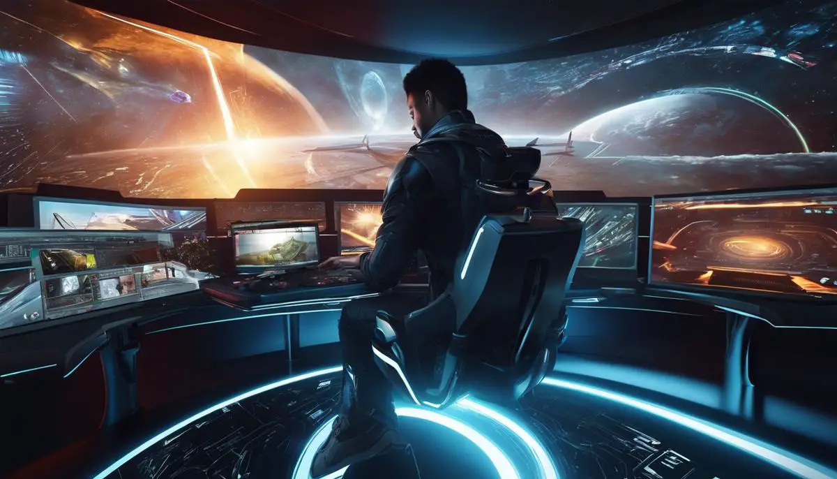 An image of a person playing a game on a powerful computer, surrounded by futuristic graphics and effects.