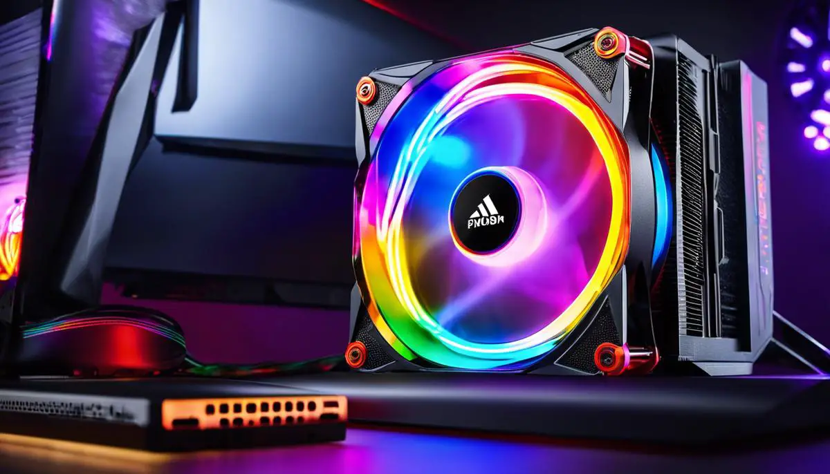 A product image of a cooling cooler with a sleek design and RGB lighting, perfectly complementing a high-end PC build.