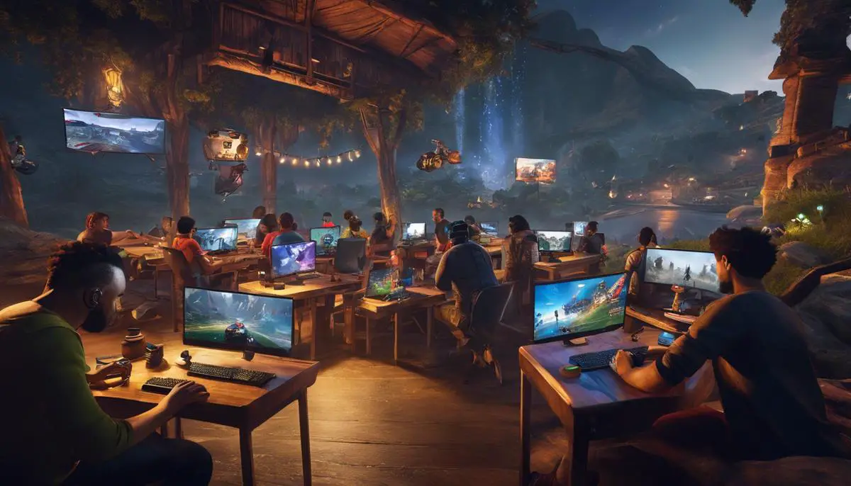 Image depicting diverse gamers playing together across different platforms in a virtual landscape