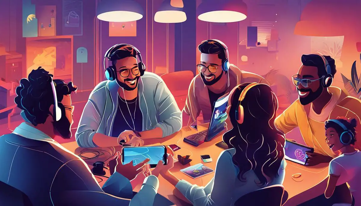 Illustration of people playing games together and communicating through voice chat and messaging