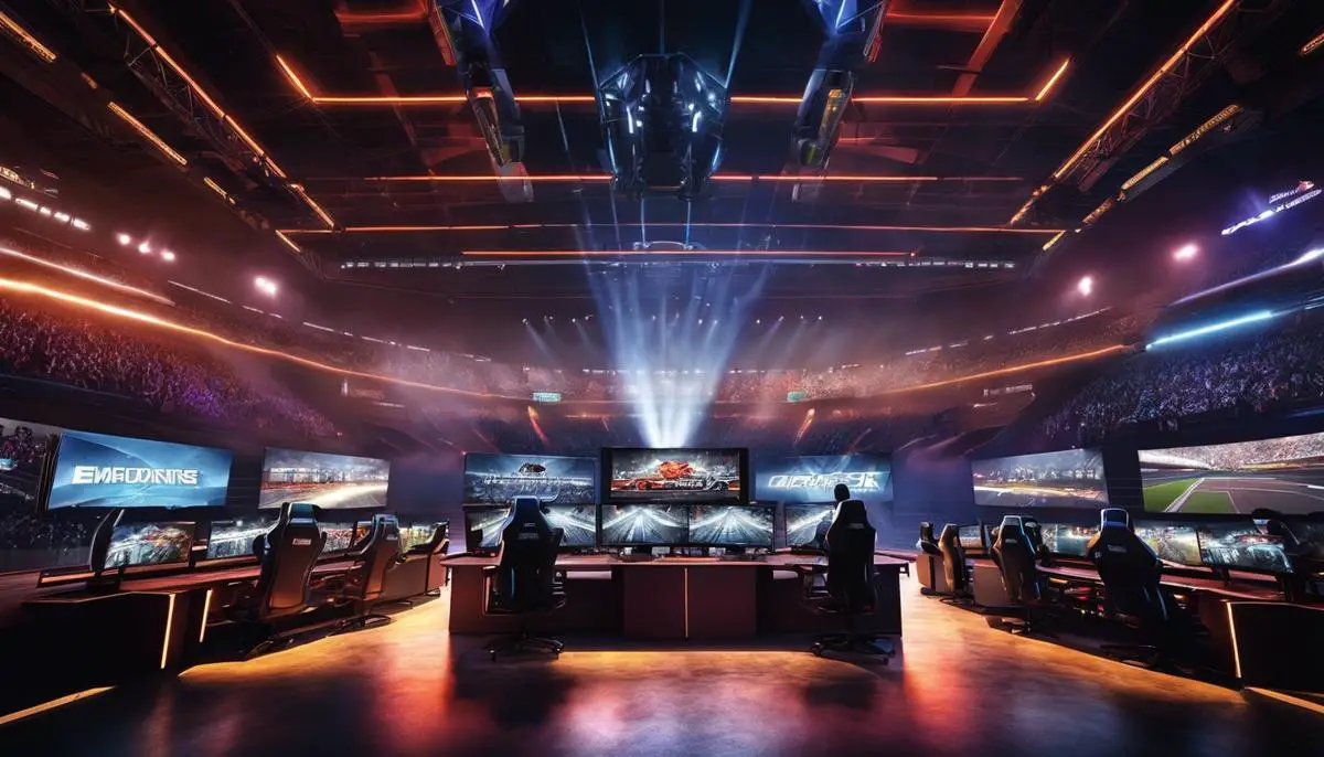 Image depicting a competitive esports arena with teams on either side, symbolizing the text's topic of esports competition